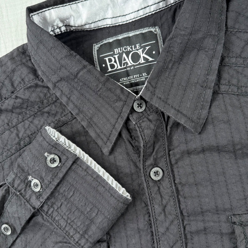 Vintage Y2k Buckle Black Shirt Mens‎ XL Black L/S Textured Affliction Style